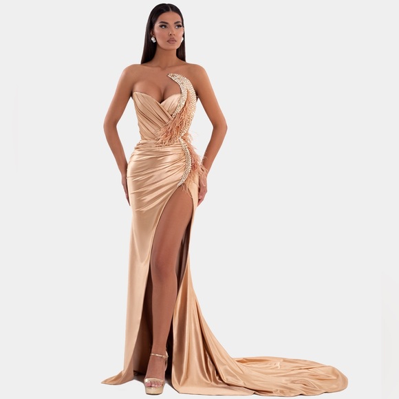 Albina Dyla - couture gown, gold corset feather rhinestone embellished, used - Picture 2 of 6